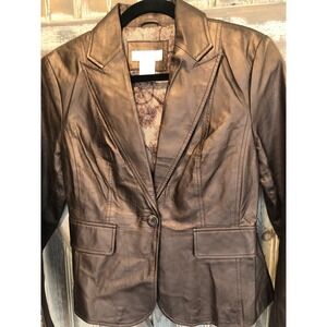 Worthington leather Brown bronze Blazer Jacket Metallic Lace Lining Medium NWOT